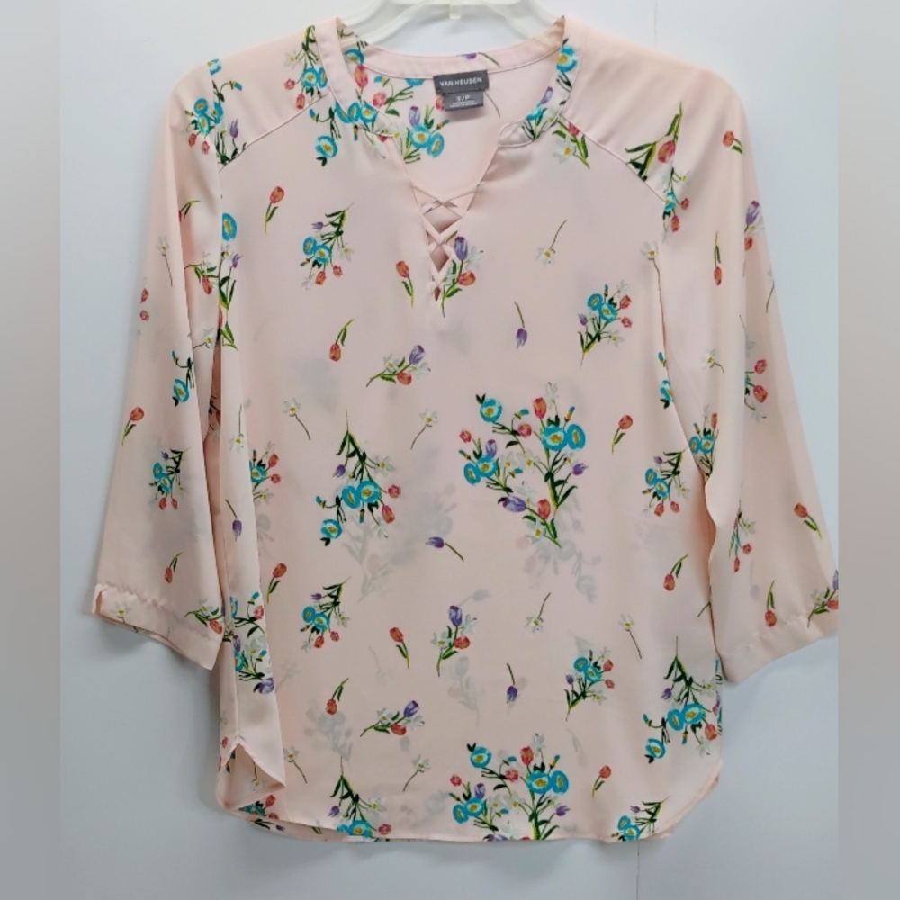 Van Heusen Women's Blouse Sz S/P Pink Floral 3/4 Sleeves Polyester A-4